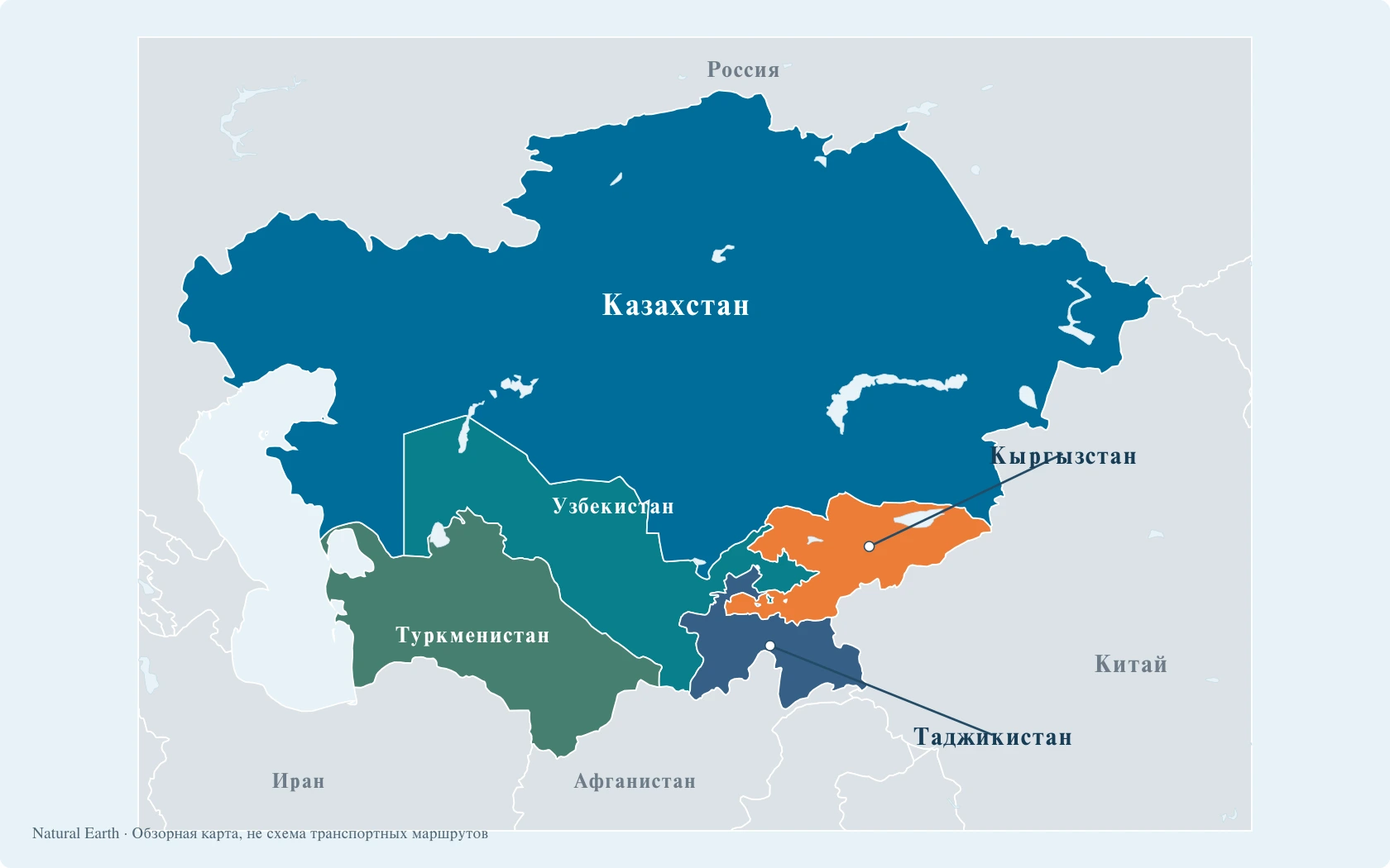 Карта Центральной Азии: Казахстан, Кыргызстан, Узбекистан, Таджикистан и Туркменистан выделены разными цветами.