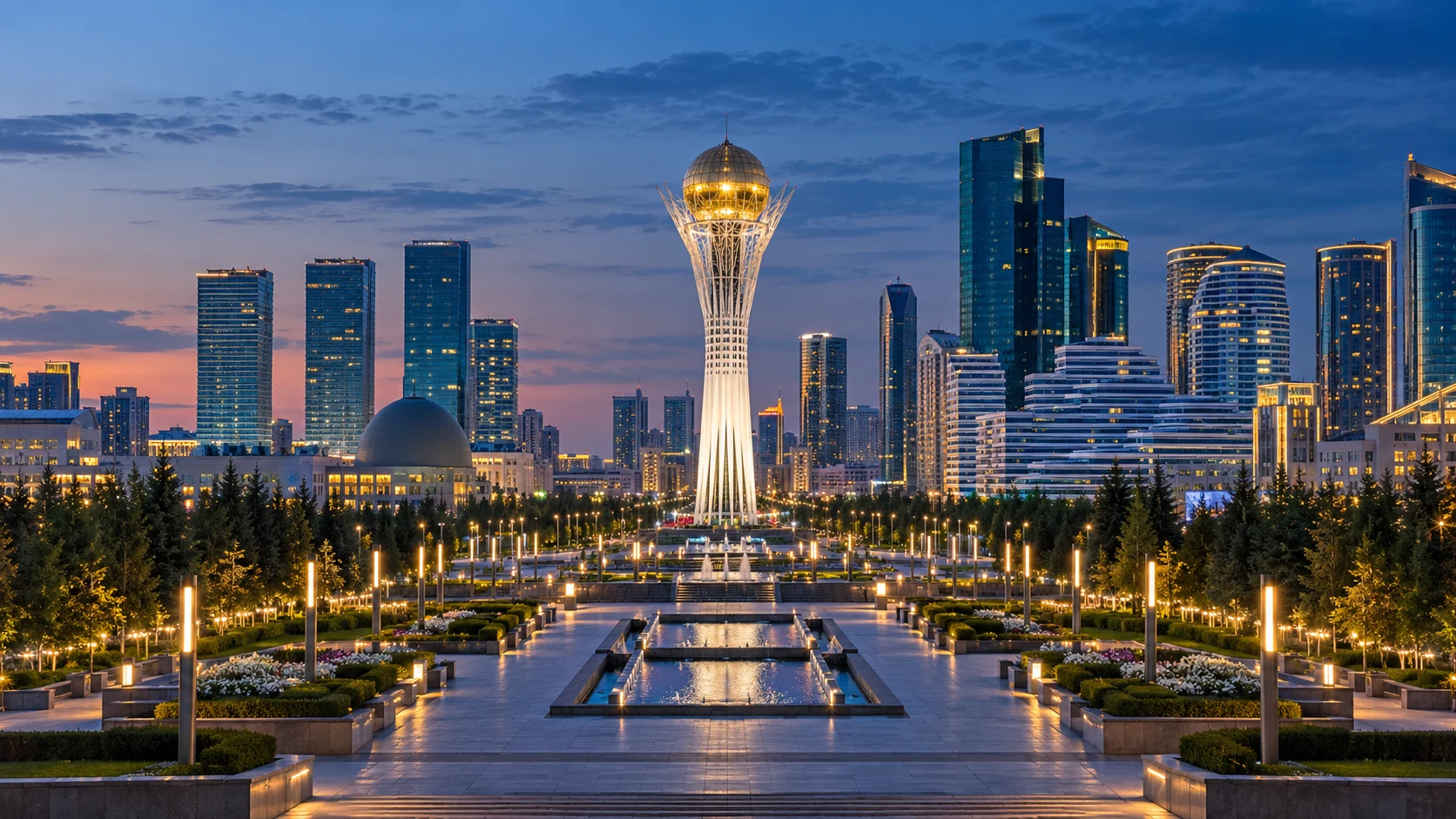 Artistic view of Astana with the Bayterek monument and contemporary urban architecture.