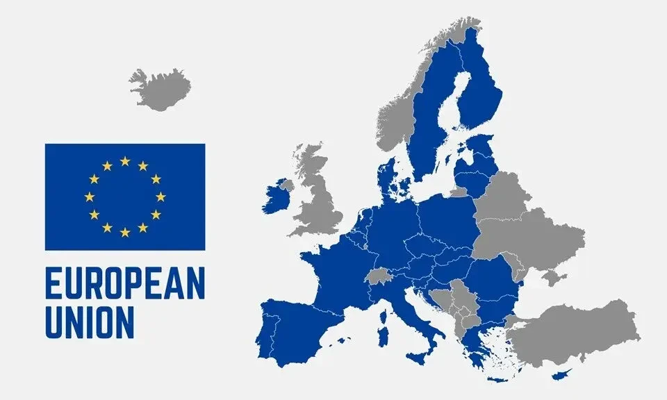 Map highlighting European Union member states in blue and neighbouring European countries in grey.