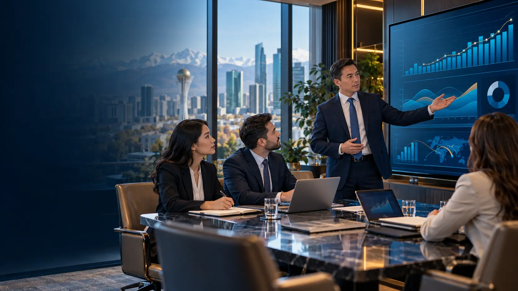 Finance director explaining a liquidity plan to a team in a modern treasury office