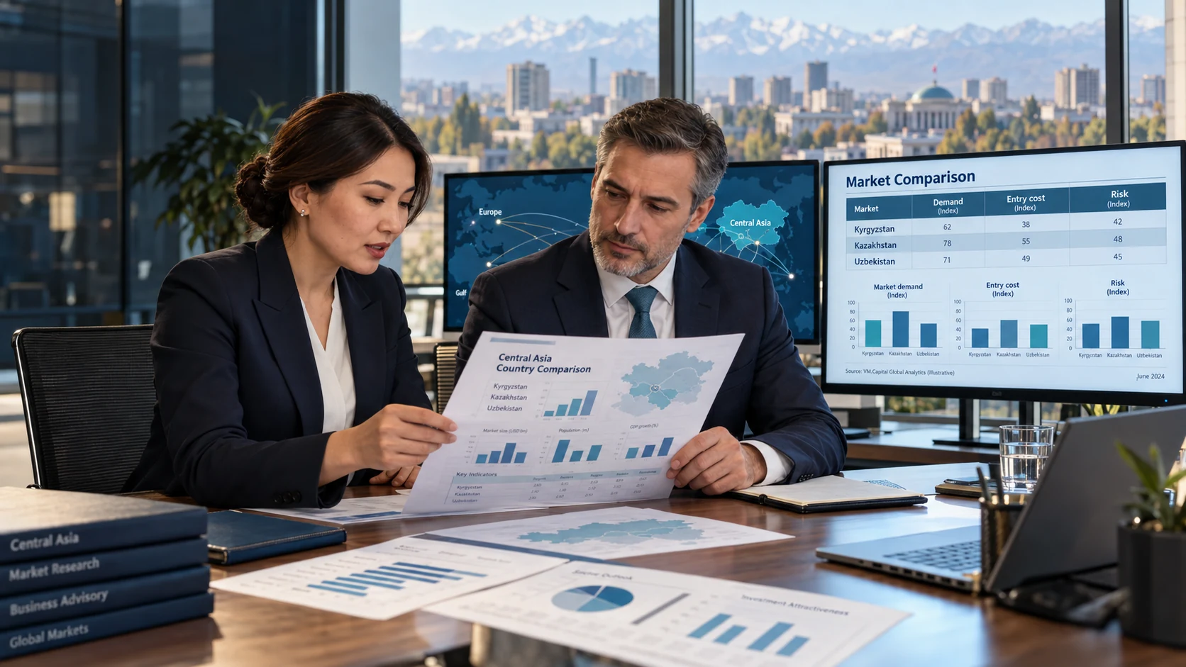 Analysts review international markets with a country comparison report on the desk and a map and industry data on their screens