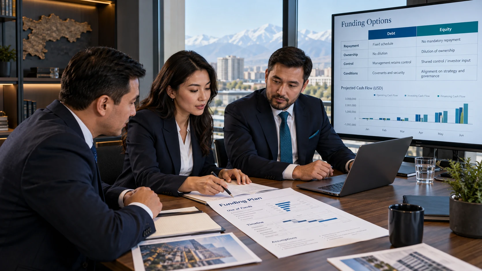 Financial advisers and a business owner compare debt and equity funding options using a financial model