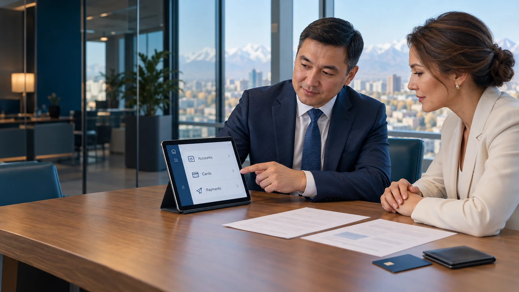 An adviser and client discuss a personal account and payment card in a modern office with a banking app displayed on a tablet