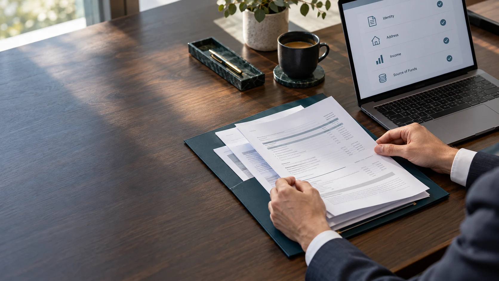 A specialist organises documents for a bank review, with an information checklist displayed on a laptop
