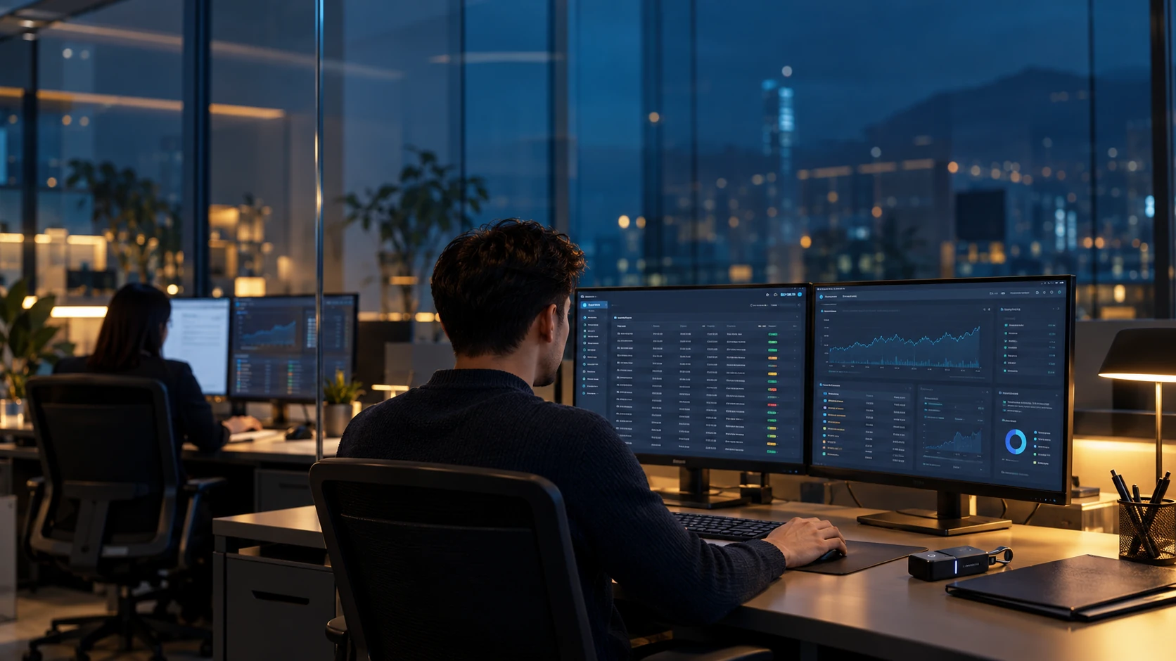 Conceptual illustration of a specialist monitoring virtual-asset operations on screens in a contemporary office