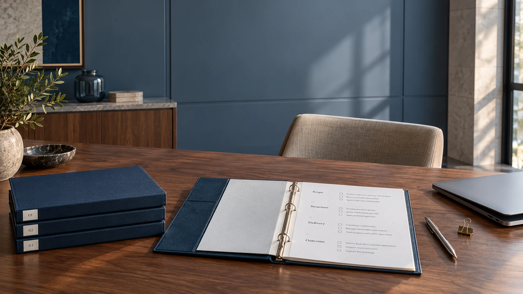 Conceptual illustration of neatly arranged project folders and a working checklist on an adviser’s desk.