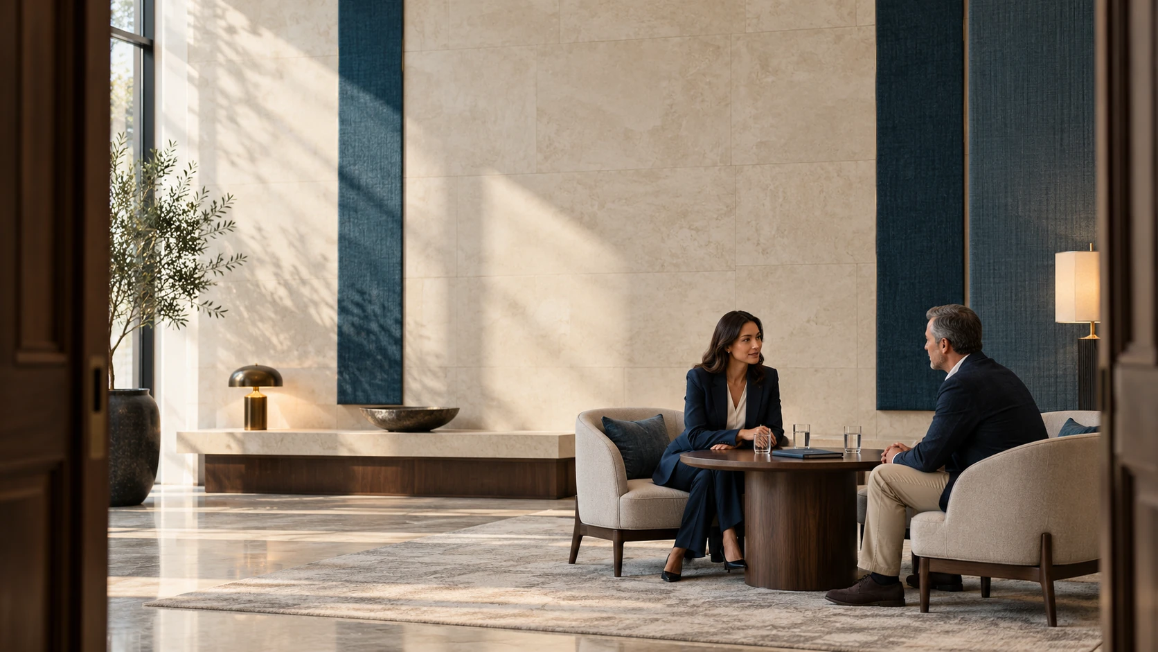Conceptual illustration of an adviser and a client having a quiet conversation in a contemporary business lounge.
