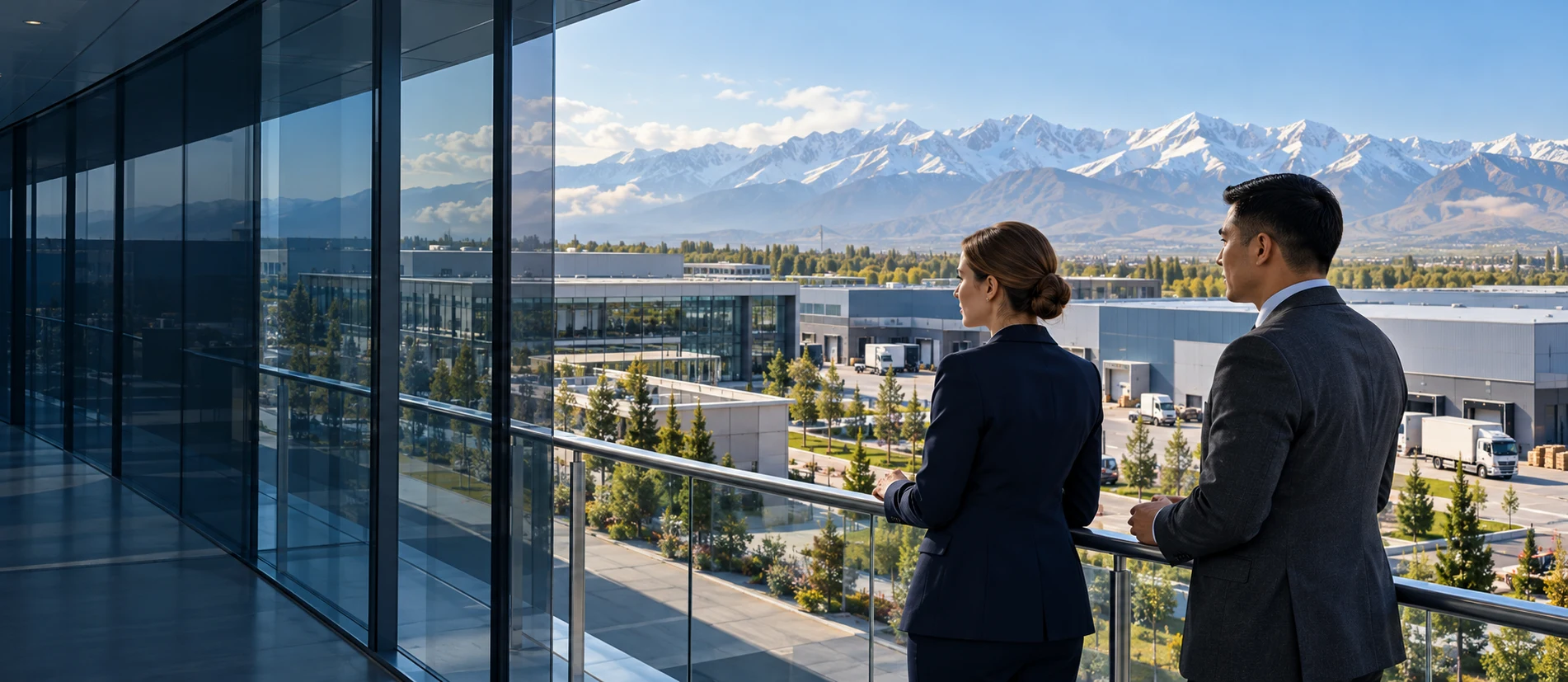 Business representatives view a modern production and logistics campus in Kyrgyzstan, with mountains in the background.