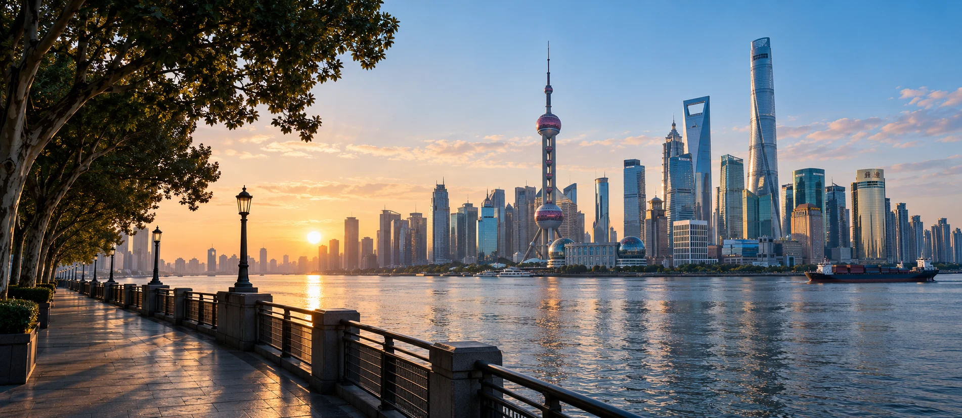 An artistic panorama of Shanghai, with the Huangpu waterfront and Pudong business district in morning light.