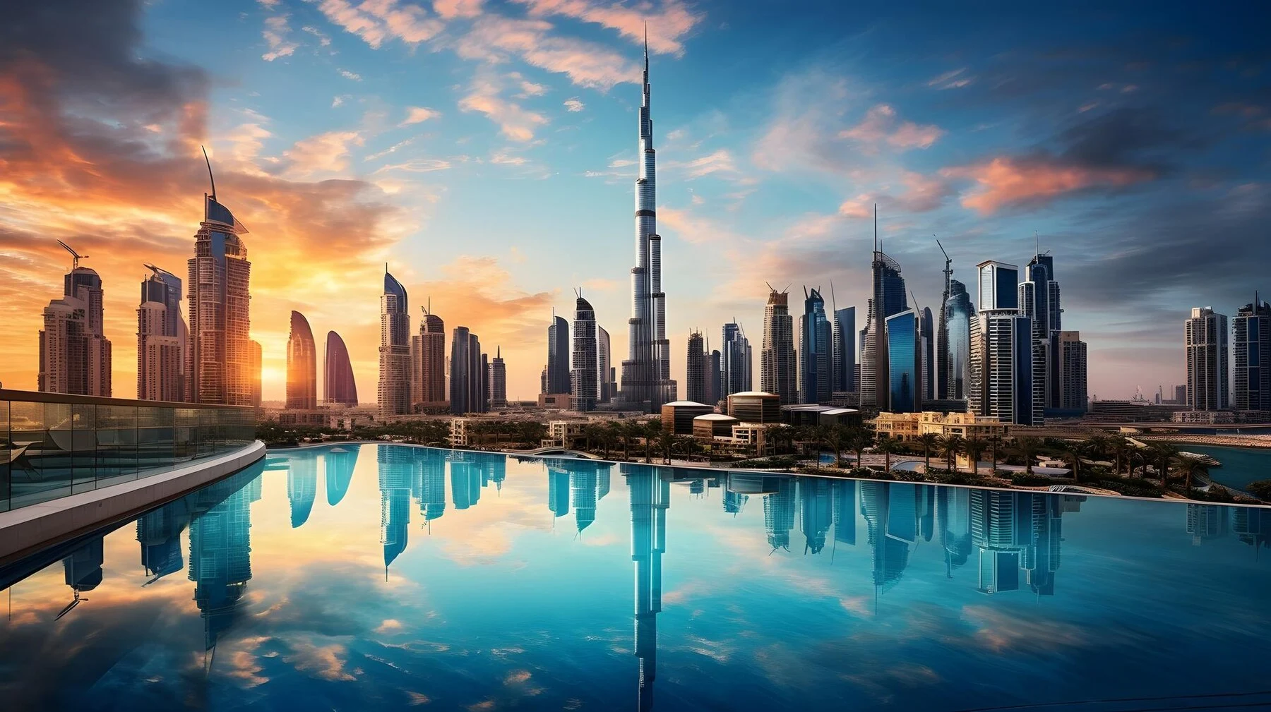 An artistic panorama of Dubai, blue water and warm morning light