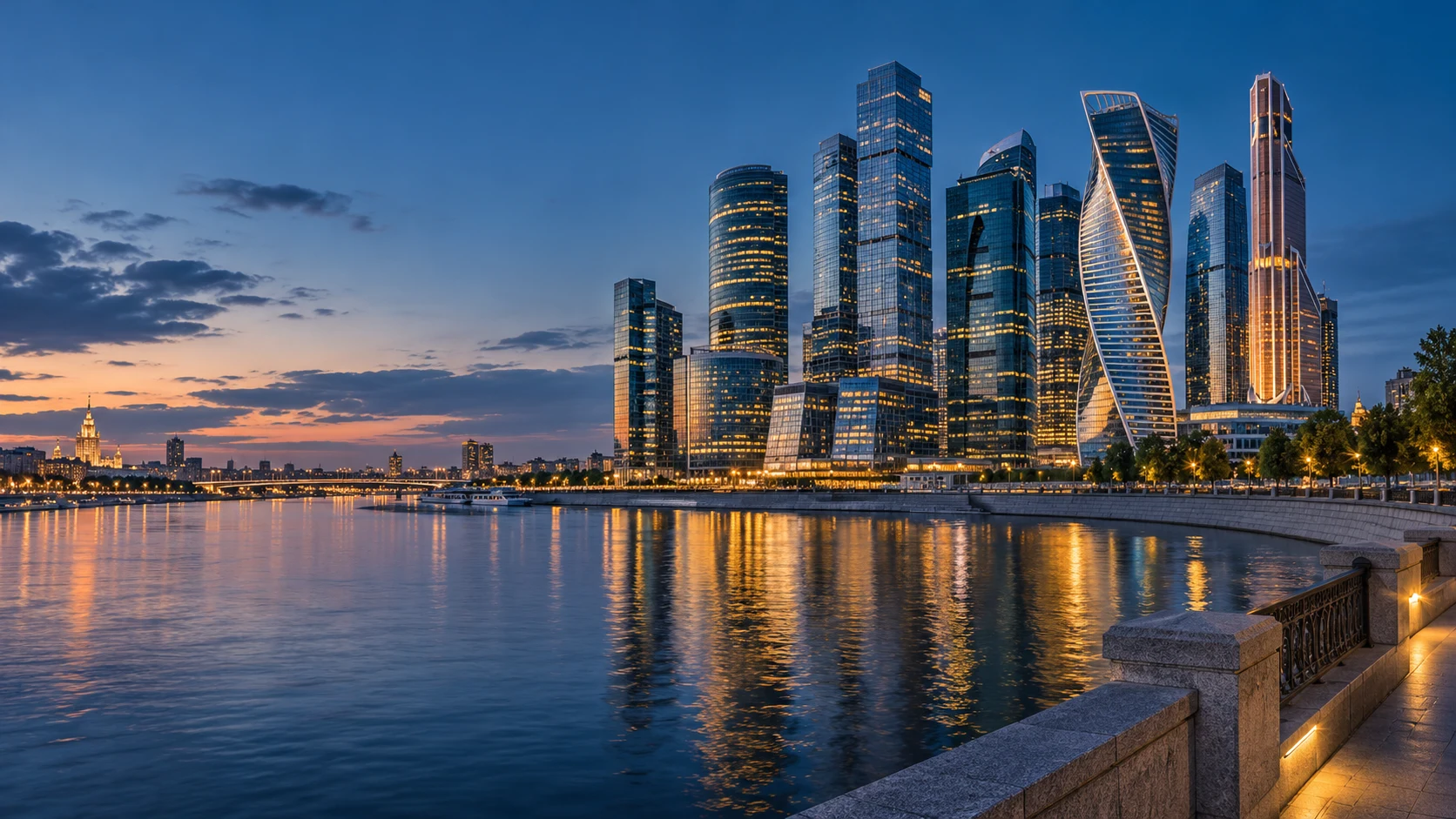 An artistic panorama of Moscow City and the Moscow River embankment in blue-and-gold evening light.
