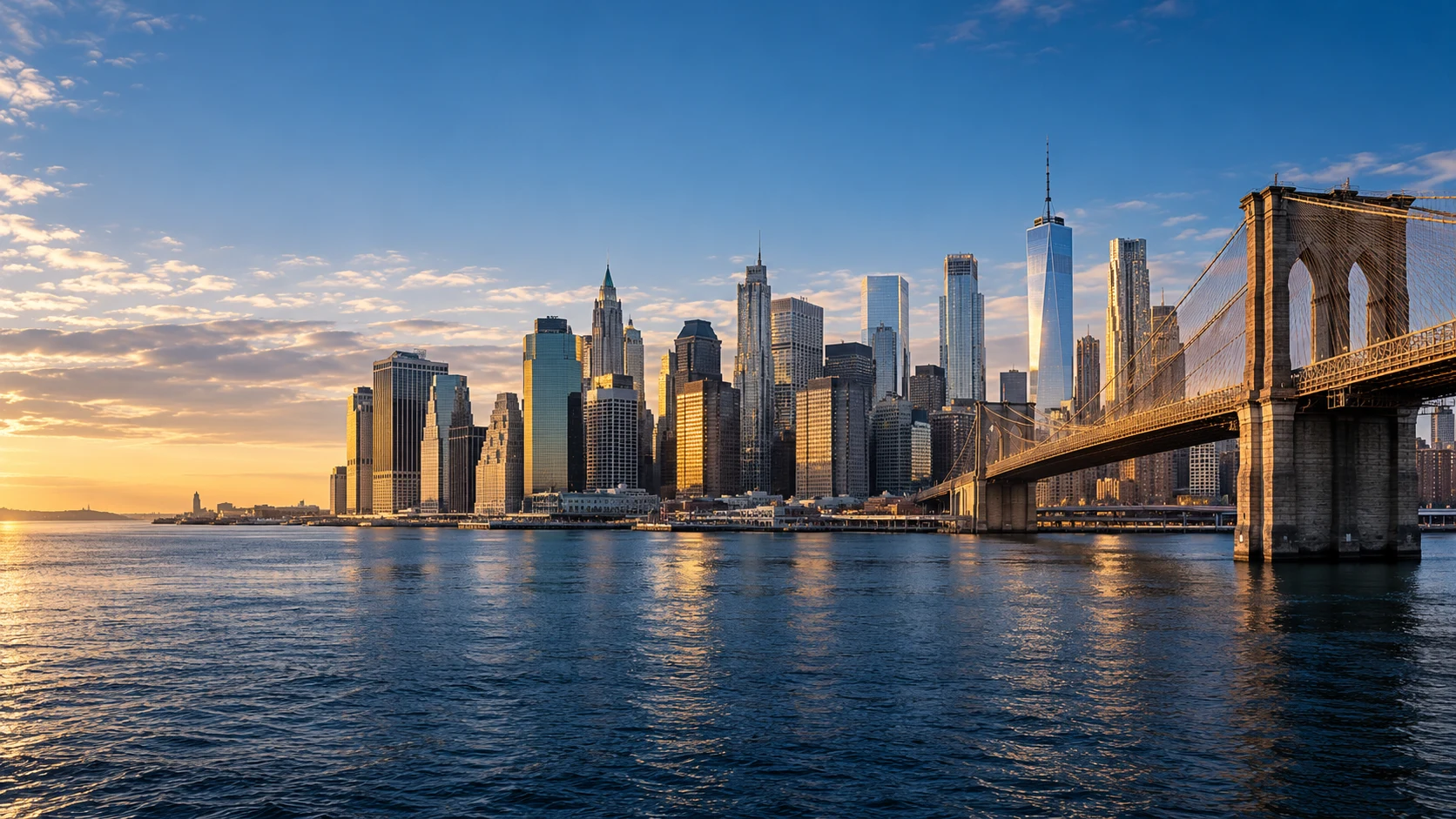 An artistic panorama of Lower Manhattan and the Brooklyn Bridge over the East River in morning light