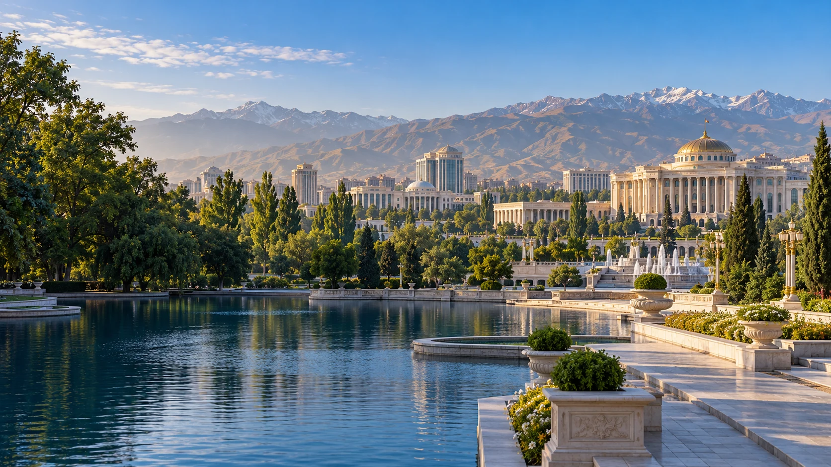 An artistic panorama of Dushanbe, with a green park, a water basin and the Palace of Nations in warm morning light