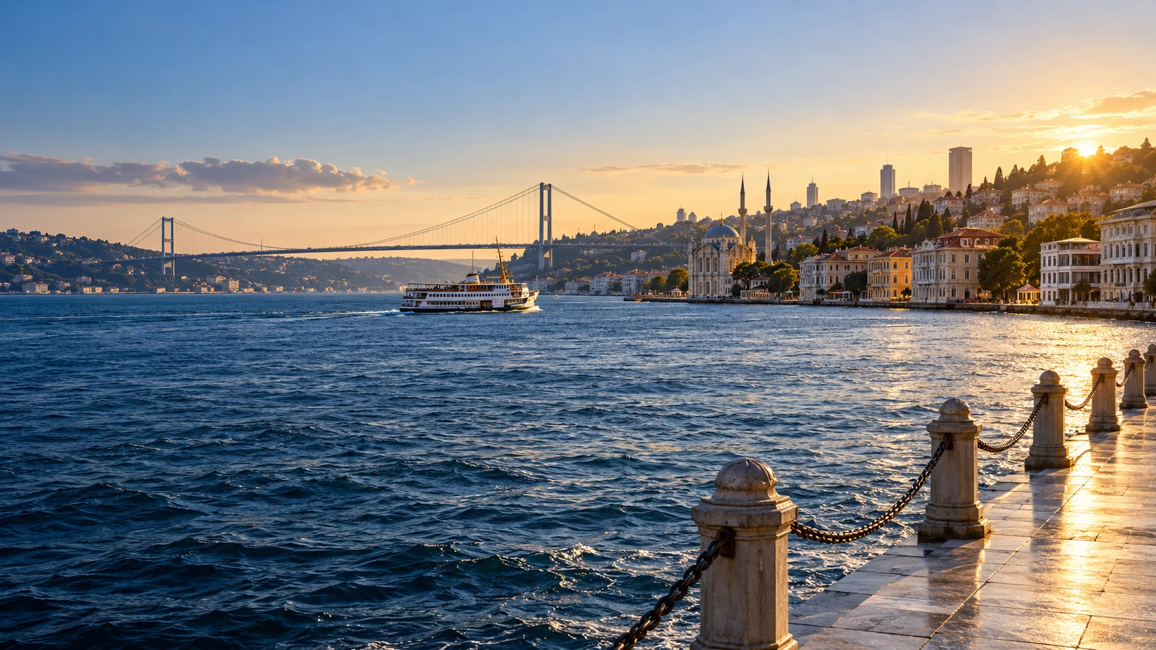 An artistic panorama of Istanbul, with the Bosphorus, a suspension bridge, waterfront architecture and a ferry in morning light.