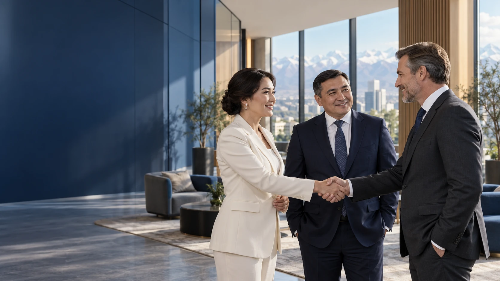 Business advisers greeting one another with a handshake in a contemporary office lounge