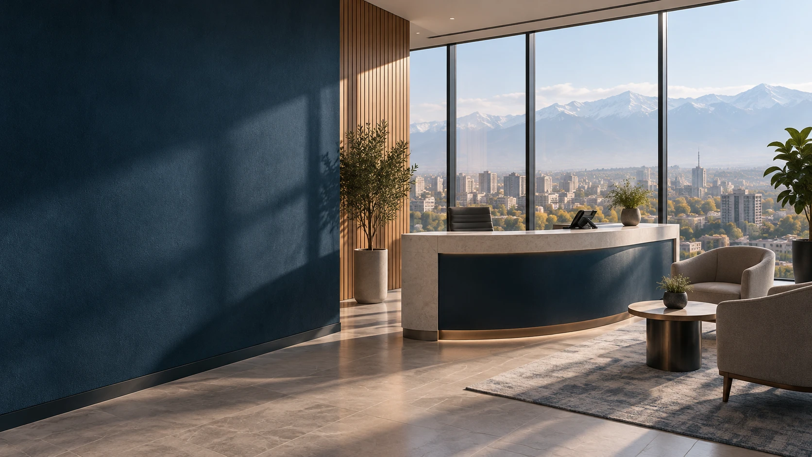 An inviting contemporary reception lounge with a seating area for a business consultation