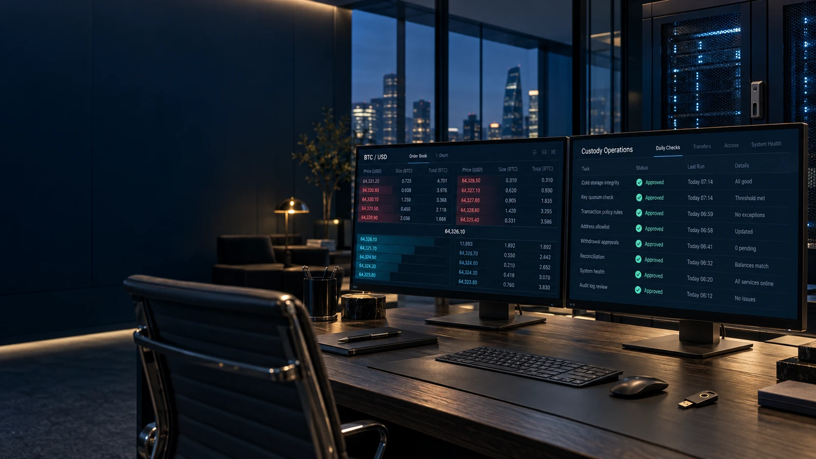 A workstation showing digital-asset orders and custody controls, with a physical security key on the desk.